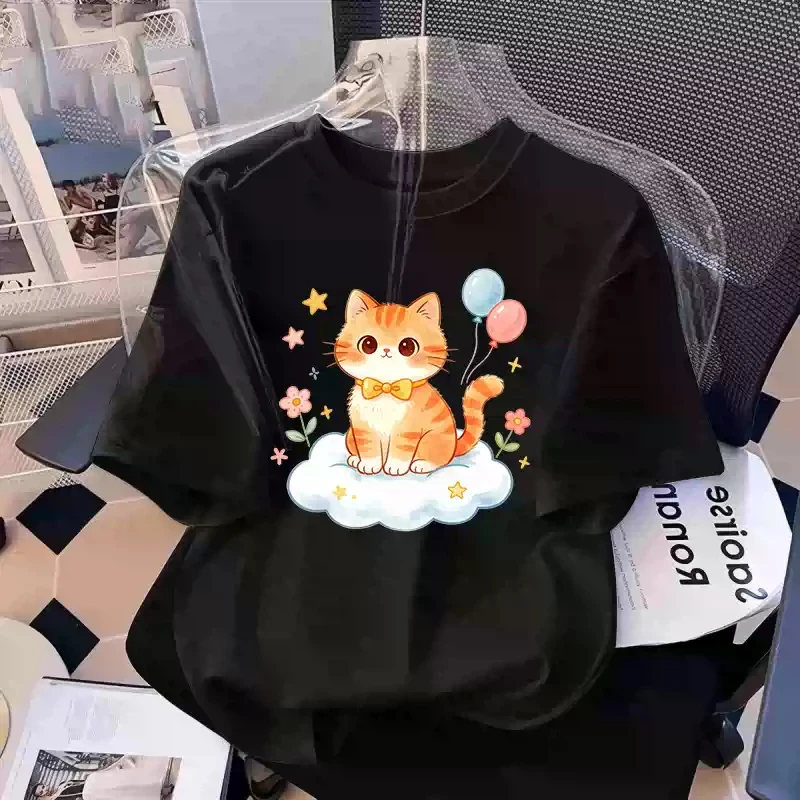 【 Printing 】 CUHK Children's Cotton Short Sleeves T Summer Boys and Girls Student Kitten Printed Clothing Parent Child Clothing