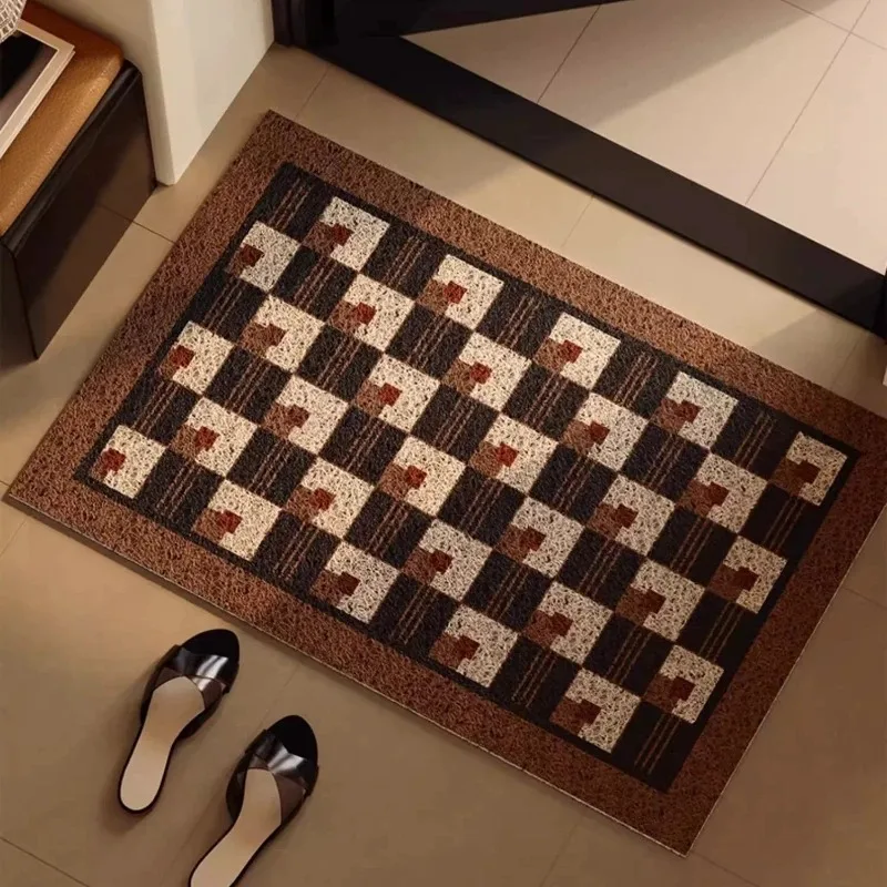 Retro Geometric Grid PVC Wire Loop Doormat Anti-slip Cuttable Entryway Floor Mat Washable Dirt Catcher Entrance Rug