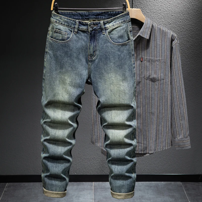 

Американские джинсовые джинсы в стиле ретро, мужские весенне-осенние новые свободные прямые повседневные длинные брюки, эластичные брюки на подкладке