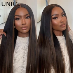 UNice No-Slip Cap 7x5 Lace Chestnut Brown Ombre Yaki Straight Human Hair Wig Pre Cut Pre Bleached Glueless Wig 150% Density