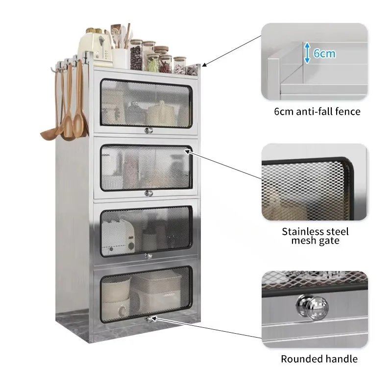Stainless steel kitchen locker 4-story food storage container cabinet with door storage for rice and pet food