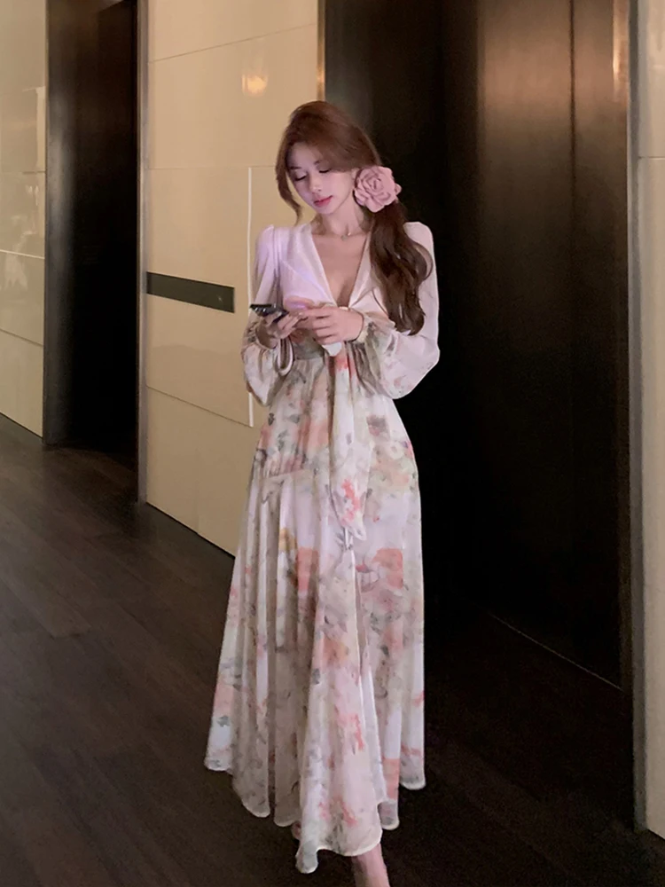 

Летнее женское платье XZY Chic больших размеров с цветочным принтом, поясом на талии, V-образным вырезом, в корейском стиле, А-силуэт, длинное