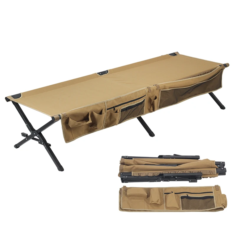 

High Quality Outdoor Portable Single Lounge Ultralight Durable Compact Foldable Camping Bed Cot with Side Pocket