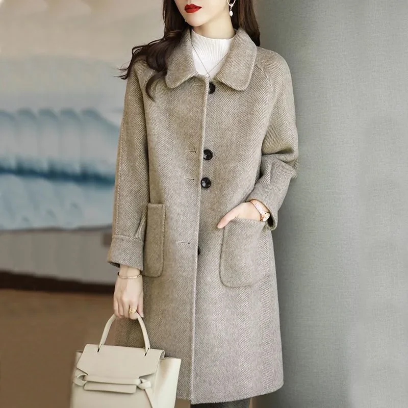 Women's Wool Coat with Autumn Winter New Style Small Slim Temperament Medium Length Wool Coat