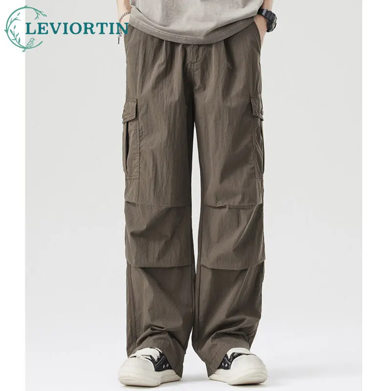 

2025 Autumn season thin Japanese loose pleated versatile straight leg wide leg quick drying workwear multi bag sweatpants