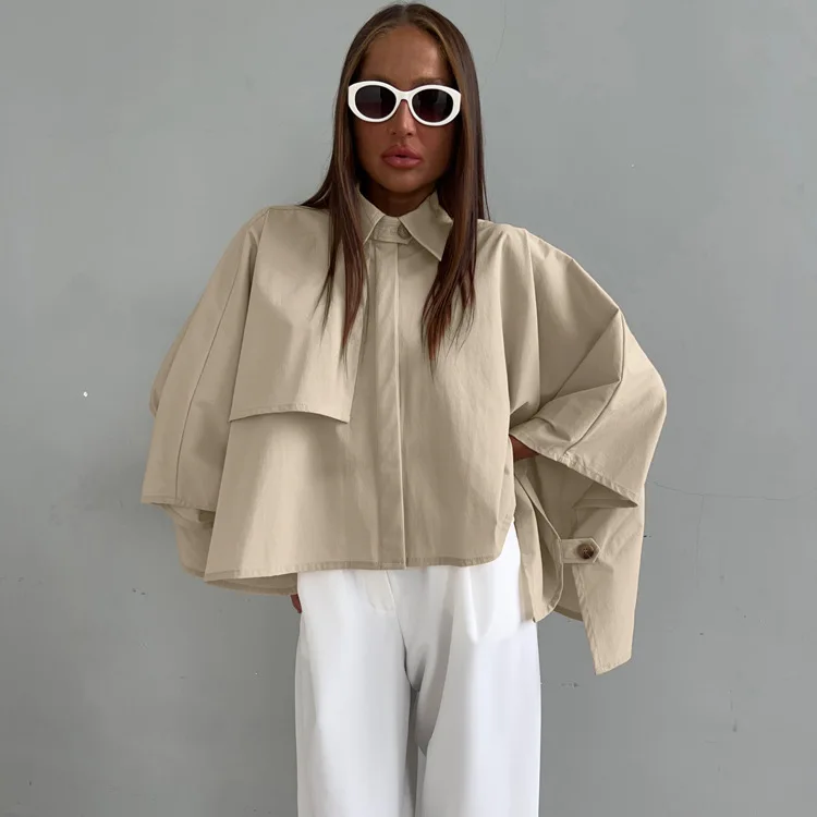 Fashion Khaki Loose Women Shirts Elegant Lapel Pockets Long Sleeve Blouse Casual Single Breasted Solid Shirt Streetwear Top