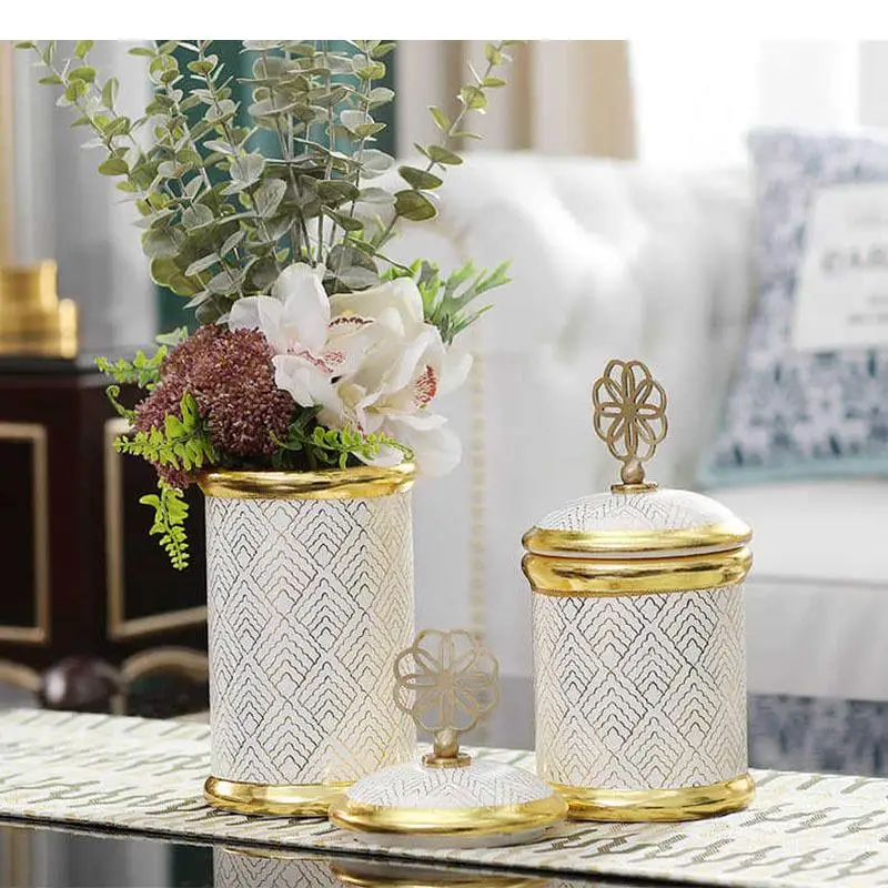 Imagem -02 - Vaso de Cerâmica Listrado Dourado com Tampa Frascos de Armazenamento de Criatividade Decoração de Mesa Vasos de Doces Caddy de Chá Vasos de Flores Decoração Moderna de Casa