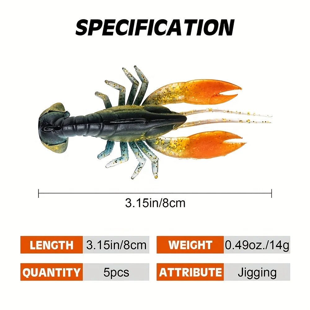 Goture 5pcs Soft Fishing Lures 8cm 14g Bionic Crayfish Soft Baits With Hooks, Jig Head Fishing Tackle Lure Accessories