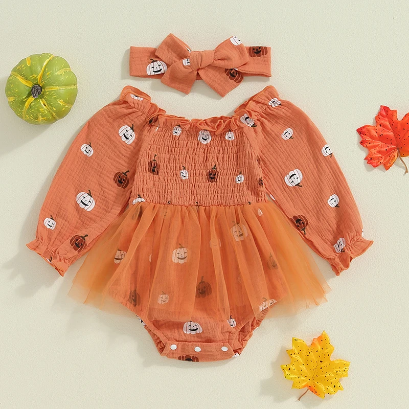 Baby Girl 2Pcs Halloween Outfits Long Sleeve Smocked Bodysuit Dress with Headband Set Infant Clothes