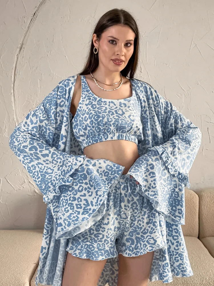 HiLoc Casual Blue Leopard Shorts Sets Pajamas 3 Pieces Fashion Loose Ruffled Long Sleeve Shirts Sexy Bra Party Shorts Sleepwears