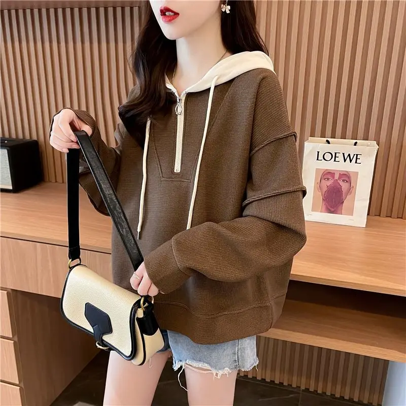 

Design Sense Half Zip Contrast Long Sleeve Bottom Shirt Casual Loose Oversized Versatile Women's Sweater