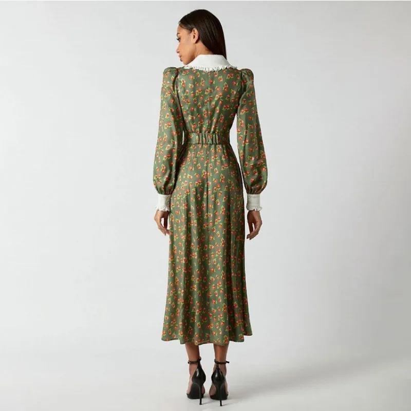 Boho Dress Vintage Celebrity Robe Elegant Women Corset Floral Print Dress Y2K Long Lantern Sleeve Doll Collar Single Breasted