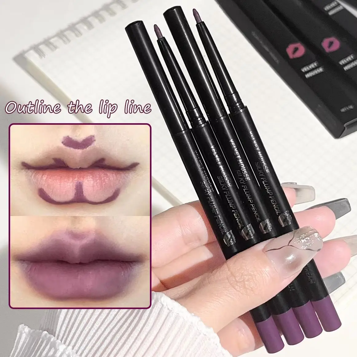 Delineador labial colorido, pêssego marrom baga, copo antiaderente nude duradouro, batom segurando maquiagem lápis labial, cor lisa três dimensões