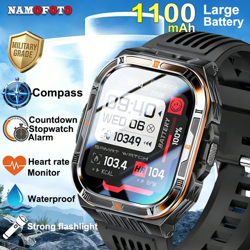 

Men Women Outdoor Sports Smartwatch Compass 1100mAh Military-grade Wrist Watches LED Flashlight BT Call Heart Rate Smart Watch