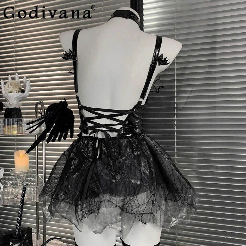 Little Devil Cosplay Sexy Backless Dress Girls Japanese Summer Dark Leather Dress Black Straps Hollow Dress for Women