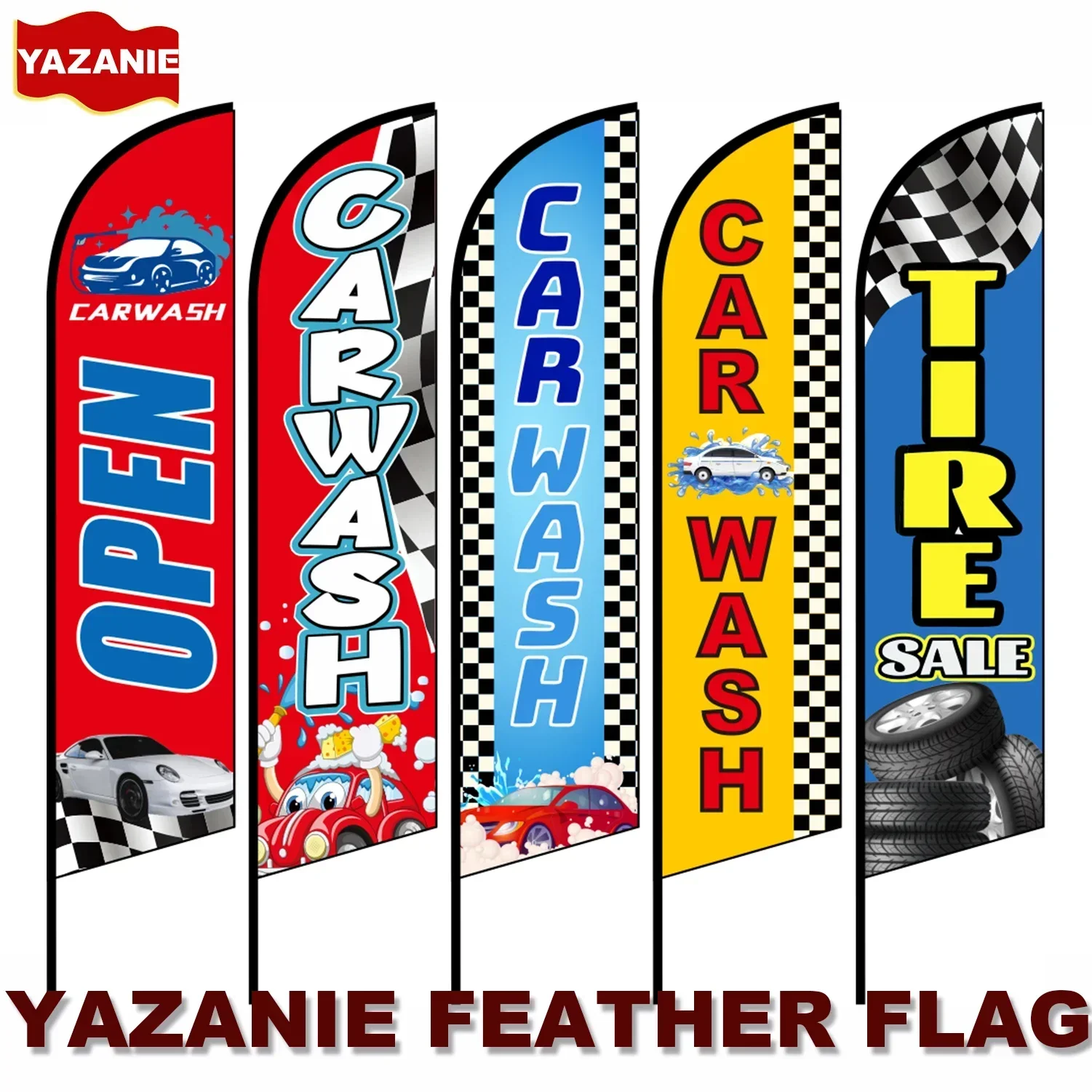 8FT 11FT 13FT Car Wash with Checkers Windless Feather Flag Tire Sale Single Double Sided Custom Outdoor Banner Swooper Bach Flag