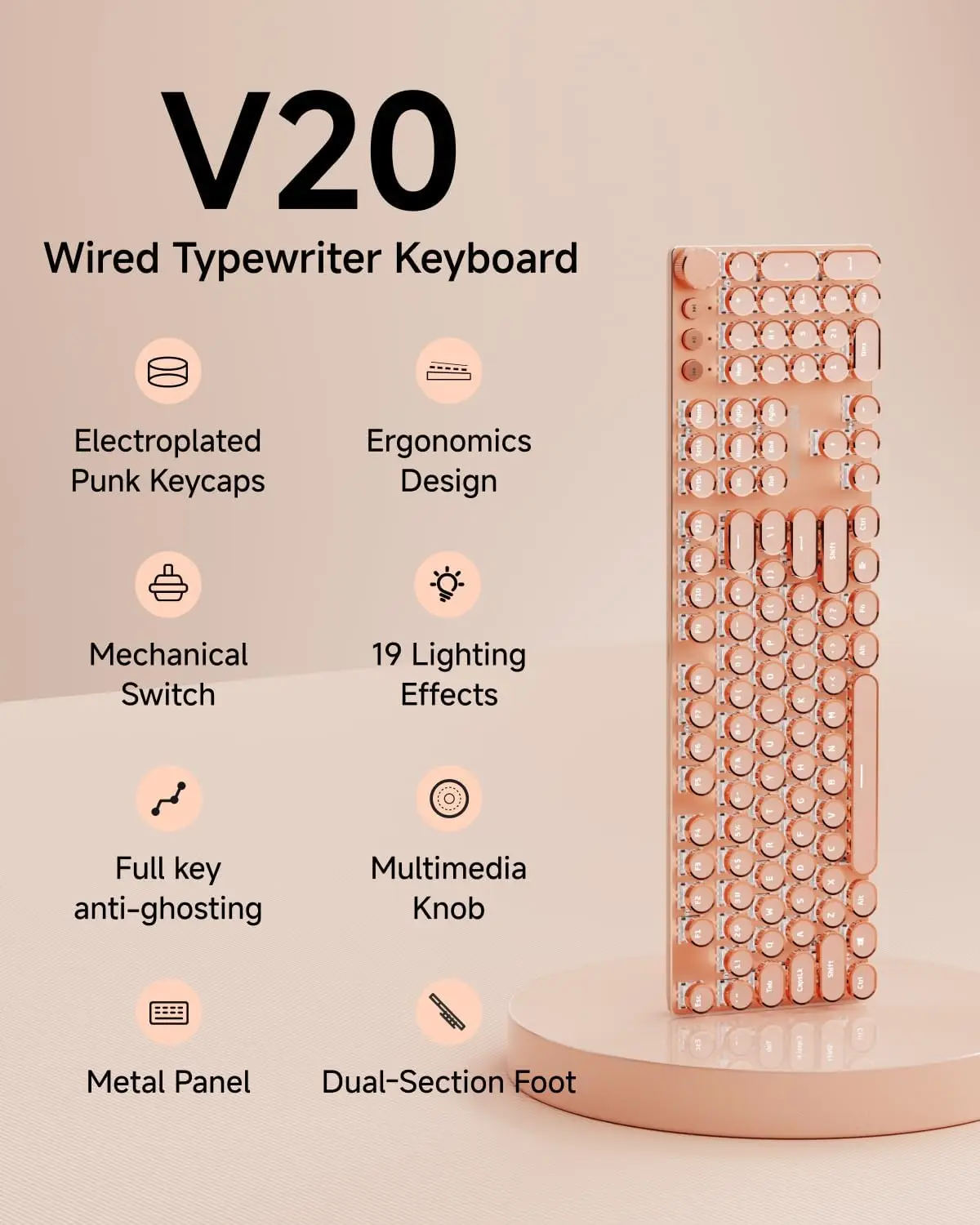 EWEADN V20 Typewriter Style Mechanical Keyboard Wired Typewriter Keyboard 104 Keys Retro Typewriter Wired Computer Keyboard