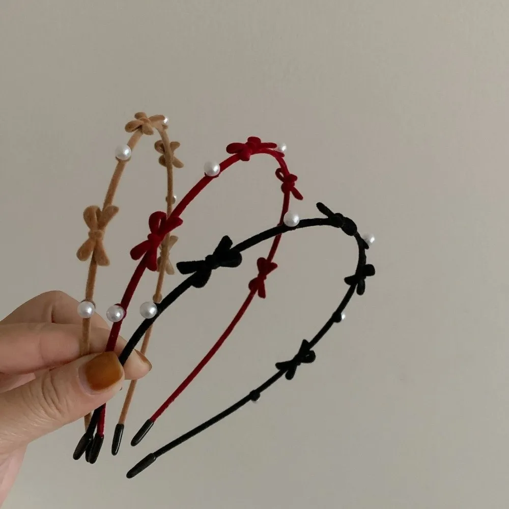 

Fairy Pearl Bow Hairband Alloy Plush Flower Headband Thin Fairy Women Hair Hoop Headdress