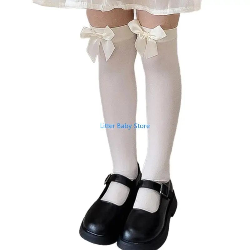N80C 1 Pair Lovely Kids Stockings Sweet Bowknot Accent Middle Tube Socks Under Knee Length Socks for Baby Girls Fashion