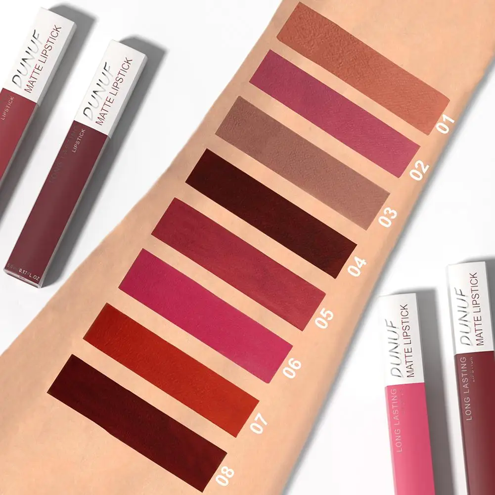 Lápiz labial con acabado mate Natural, resistente al agua y no es fácil de usar tazas de terciopelo de 8 colores, lápiz labial de larga duración en barra de brillo de labios, B4E4