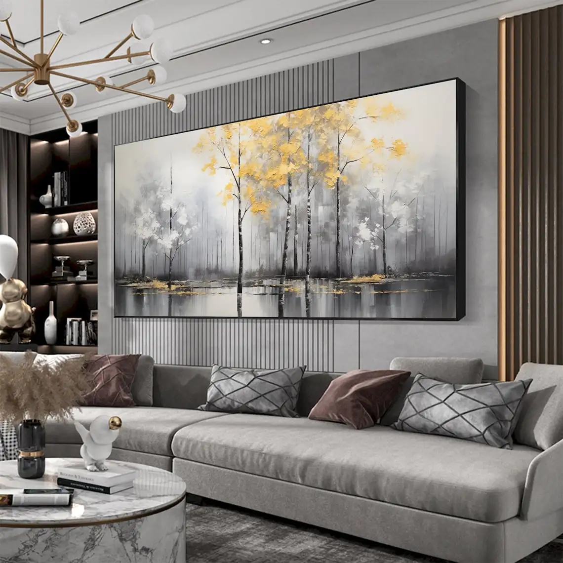 Minimalist Tree Oil Painting On Canvas Large Wall Art Custom Painting Golden Decor Original Birch Art Autumn Modern Home Decor
