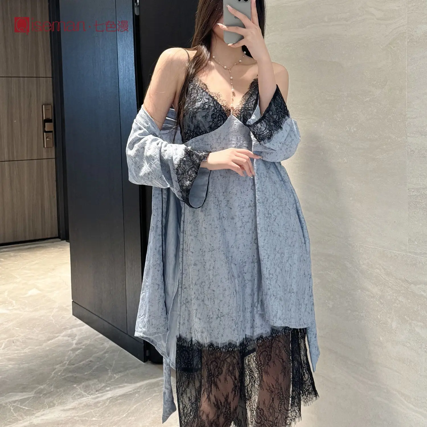 Twinset Bathrobe Gown Suit Lace Nightdress Sleepwear Loungewear Womens Kimono Robe Set Spring Summer Silky Satin Home Clothes