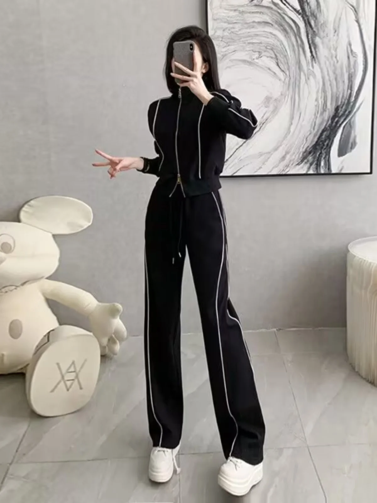 Street Style Casual Sportswear Set Women's Spring Autumn New Patchwork Stand Collar Waist Inward Open Cardigan Wide Leg Pants...