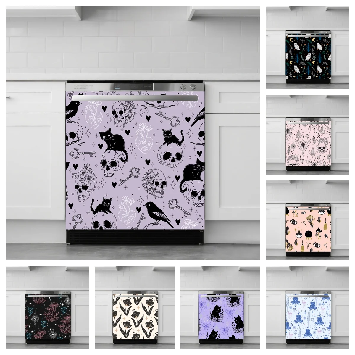 Gothic Skull Black Cat Seamless Pattern Dishwasher Door Sticker Dark Art Decor Cover for Washing Machine Flat Cabinet Surface