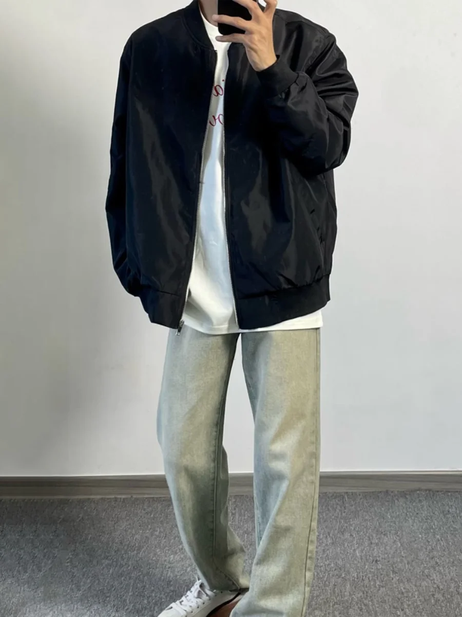 

Simple Bla Zipper Baseball Collar Men's Jaet Spring Autumn Pure Color Versatile Casual Top Quali Denim Anti-Wrinkle