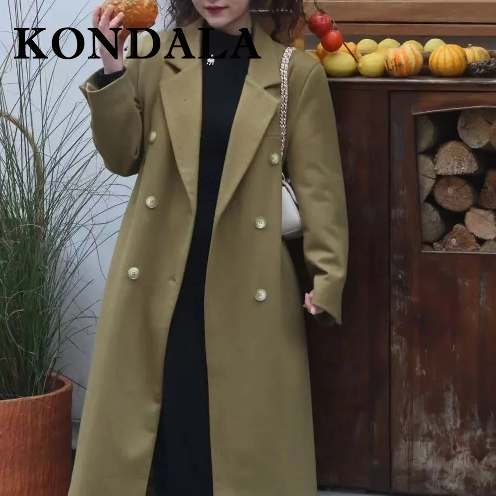 KONDALA Vintage Autumn Fashion 2025 Chic Elegant Woman Long Coats Double Breasted Tailored Collar Outwear Female Loose Chic Coat
