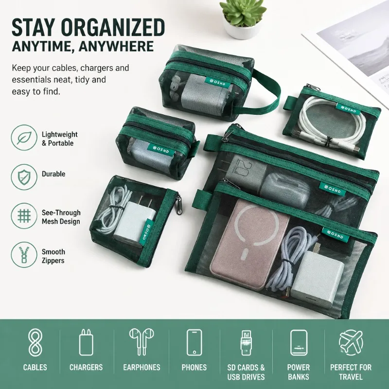Mesh Zipper Pouch Multi-size Storage Organizer See Through Mesh Bag Portable Hand Strap Travel Pouch for Data Cable Tiny Items