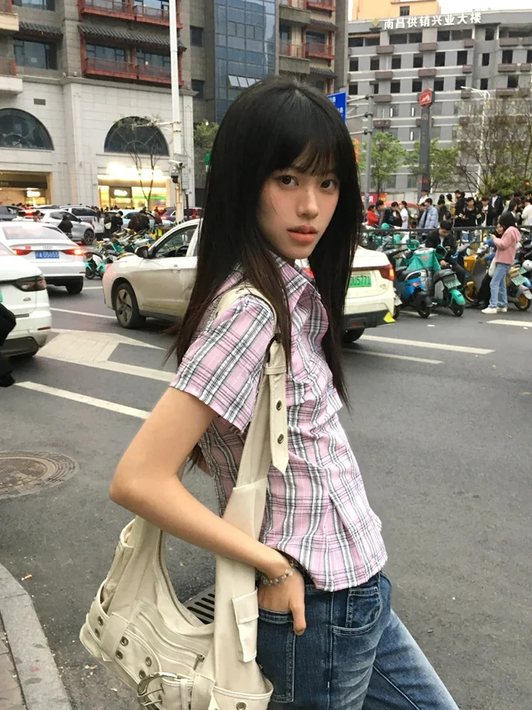 Tonngirls American Retro Plaid Shirt Women Short Sleeve Slim Shirt And Blouse Streetwear Y2k Vintage Tops Japanese 2000s Tshirts image 3