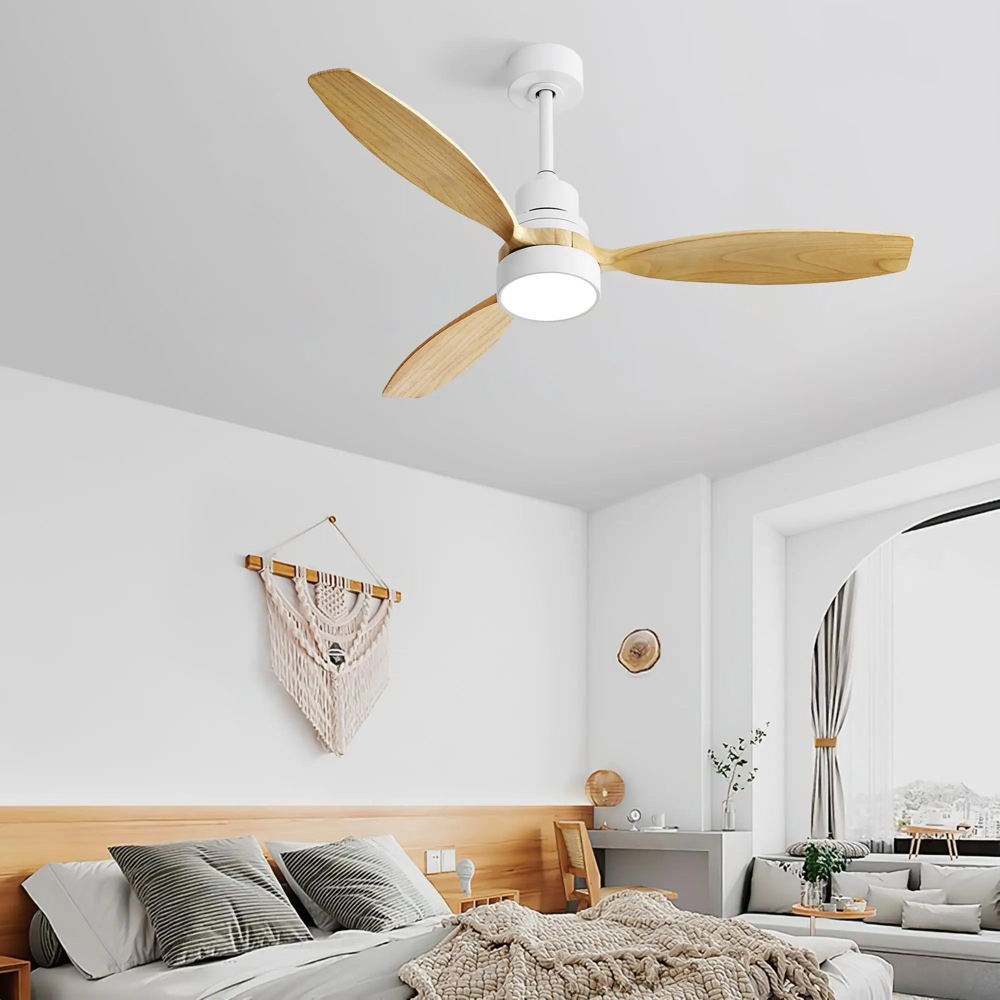 52-Inch Modern White Ceiling Fan with 3 Wood Blades, Remote Control, Reversible DC Motor & Light