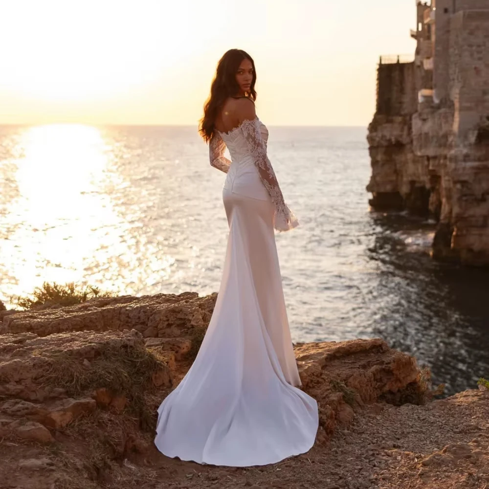 Aangepaste sierlijke trouwjurk voor vrouw bruid satijn zeemeermin lange trouwjurk charmante kant off-shoulder bruidsjurk