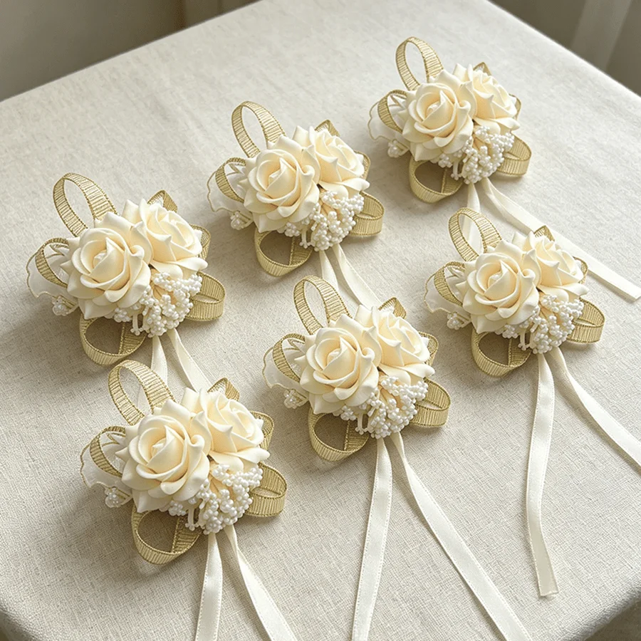 6Pcs Cream‑Colored Artificial Rose Wrist Corsages for Bride and Bridesmaids, Wedding and Engagement Decorations