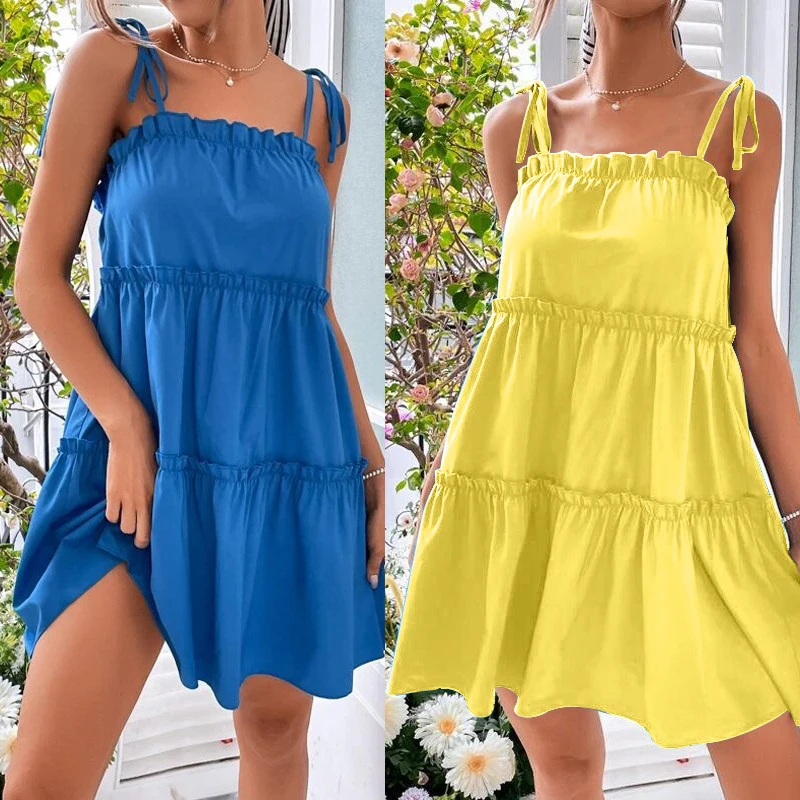 

Summer New Solid Color Dress Crepe Patchwork Strapless Lace-up Cake Dress Backless Full Skirt