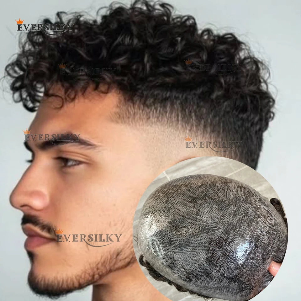 

Durable Full PU 18mm Afro Curly Super Natural Hairline Men Toupee Black Male Grey Brown Blonde 100%Human Hair Capillary Prosthes