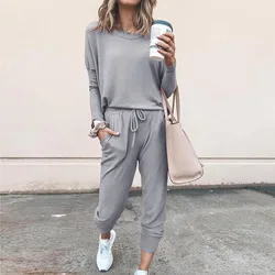 Women Tracksuits Hooded Sweatshirts 2piece Sets Fleece Solid Long Sleeve O Neck Blouse Pullovers Top Drawstring Pants Sport Suit