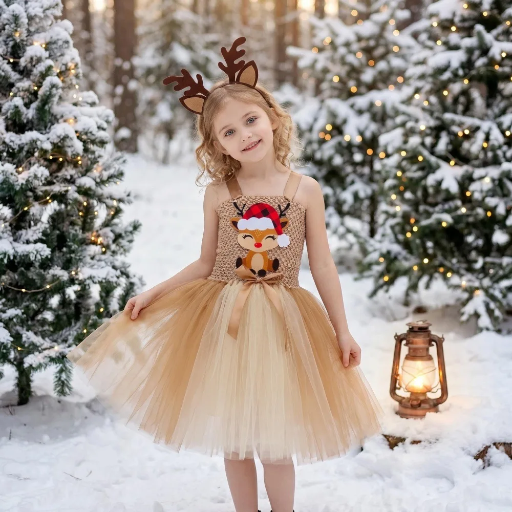 Christmas New Reindeer Pattern Tulle Tutu Dress Fluffy Layered Mesh Gown Motif Skirt Cute Cartoon Style Soft Airy Sheer Apparel