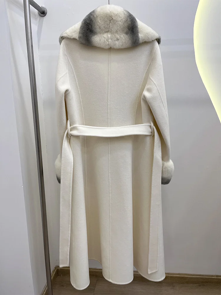 2025 New Winter Women Natural Rex Rabbit Fur Collar Wool Woolen Jacket Cashmere Long Casual Real Fur Coat