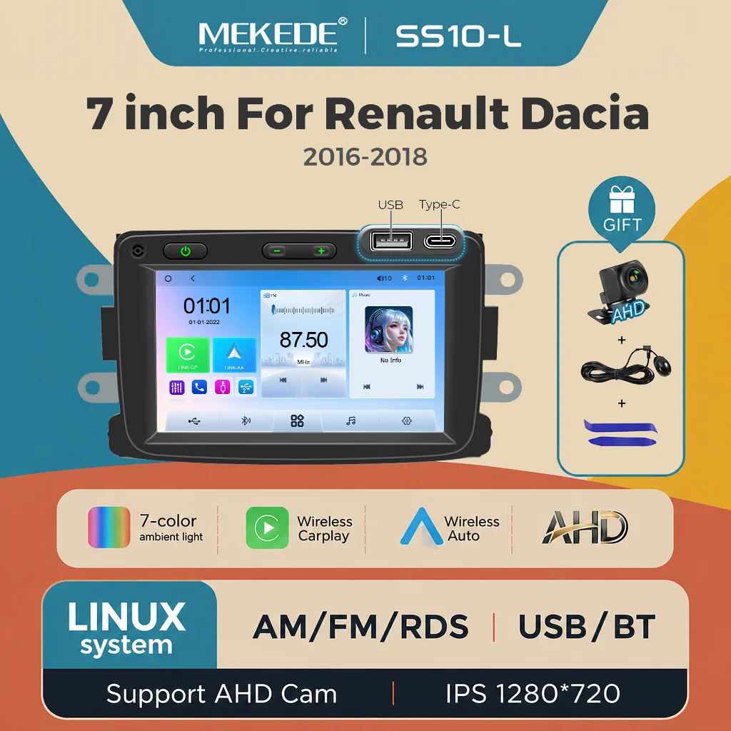 Car Radio For Renault Dacia Duster Sandero Captur Xray Logan 2 Symbol 7'' Linux System Wireless Carplay Multimedia MP5 Player