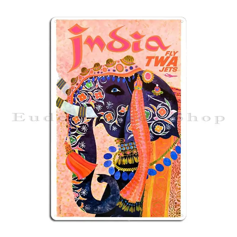 1960 Twa India Elephant Travel Poster Metal Signs Rusty Wall Cave Character Cinema Funny Tin Sign Poster