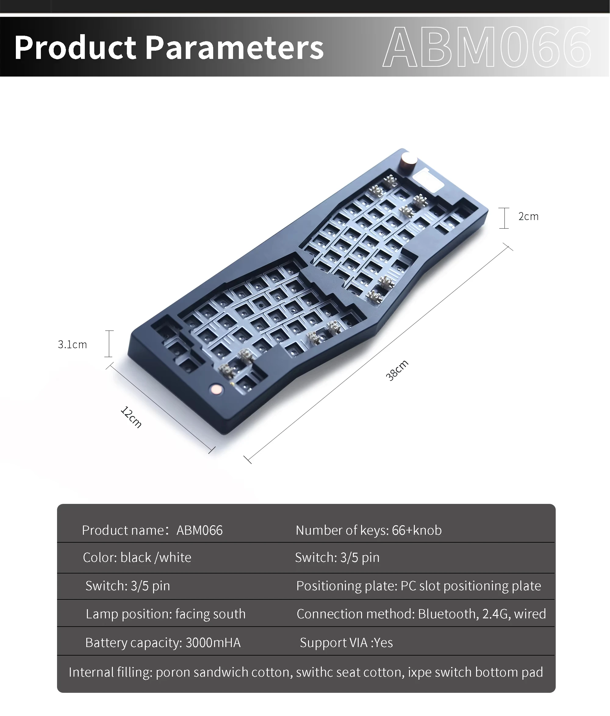 ZUOYA ABM066 Barebones Kit Alice-layout VIA-programmable Hot Swappable Bluetooth/2.4Ghz/ Type-C Connectivities for Win/Mac