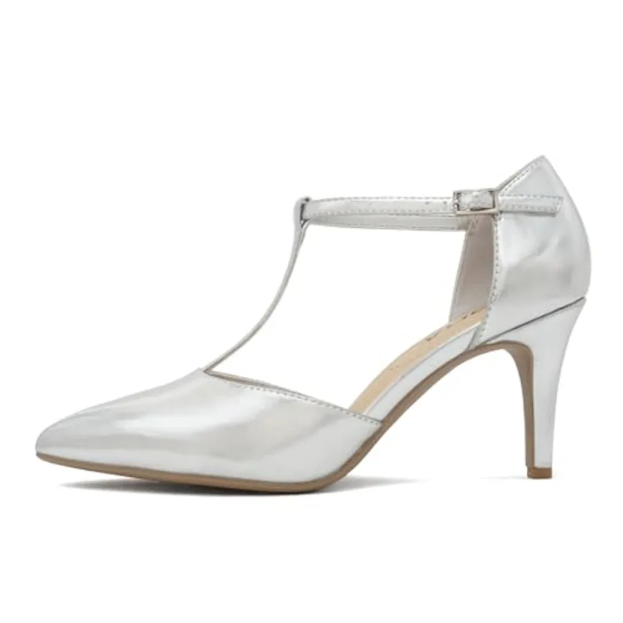 

Bahia ~ Women Pointed Toe Closed Back Counter Stiletto Mid Heel T-Strap Pump Shoe