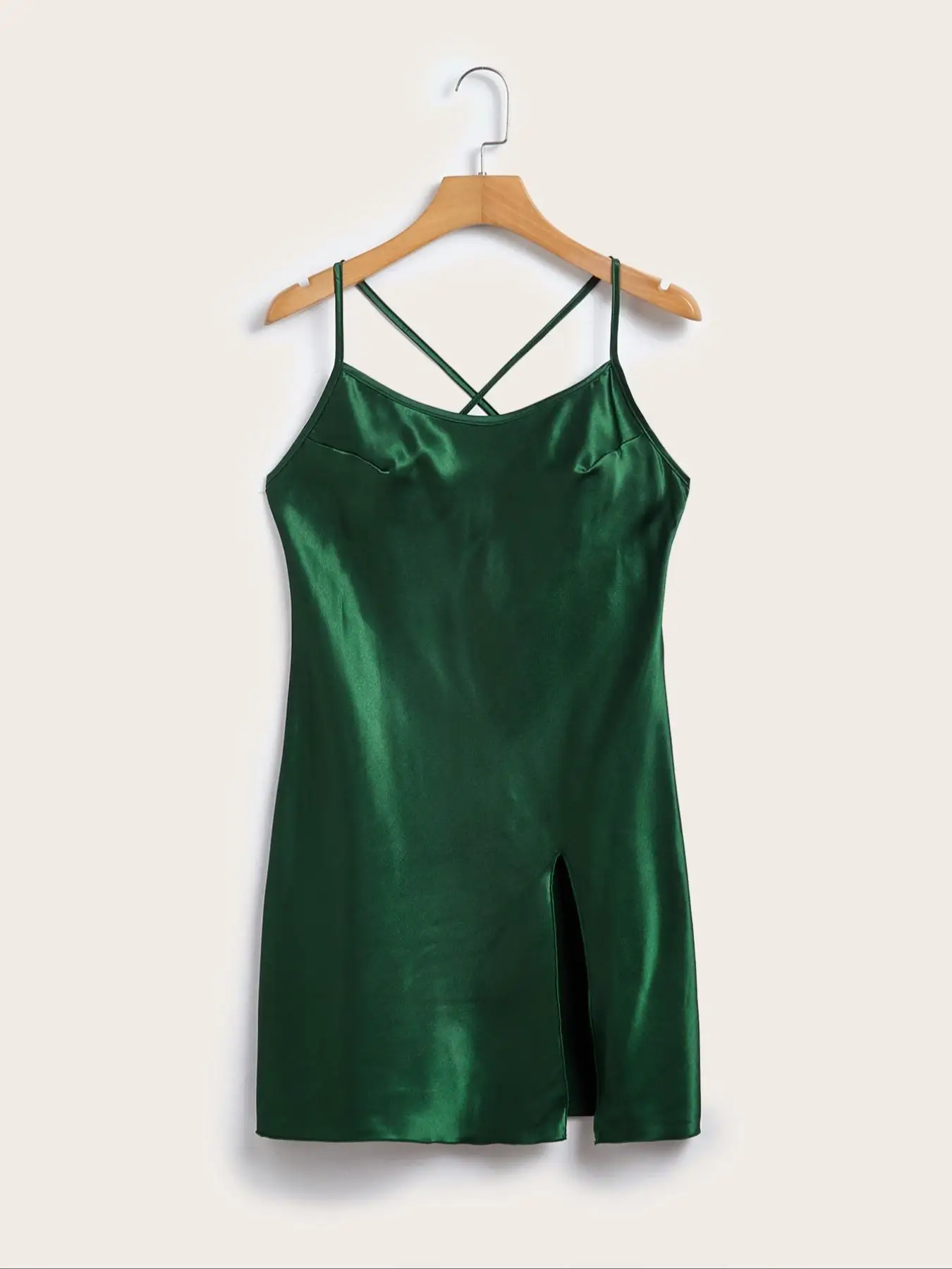 

Green satin back cross money split dress Women's home nightdress