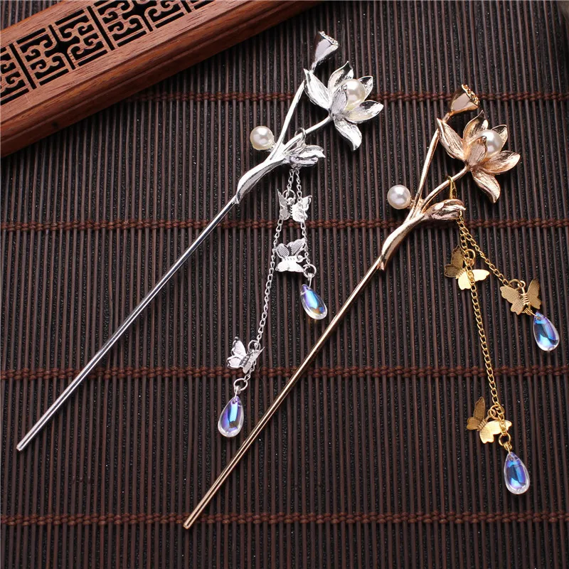 Flower Hair Stick With Butterfly Tassel Hanfu Tassel Headpiece Women Hairpin Wedding Party Headwear Headpiece