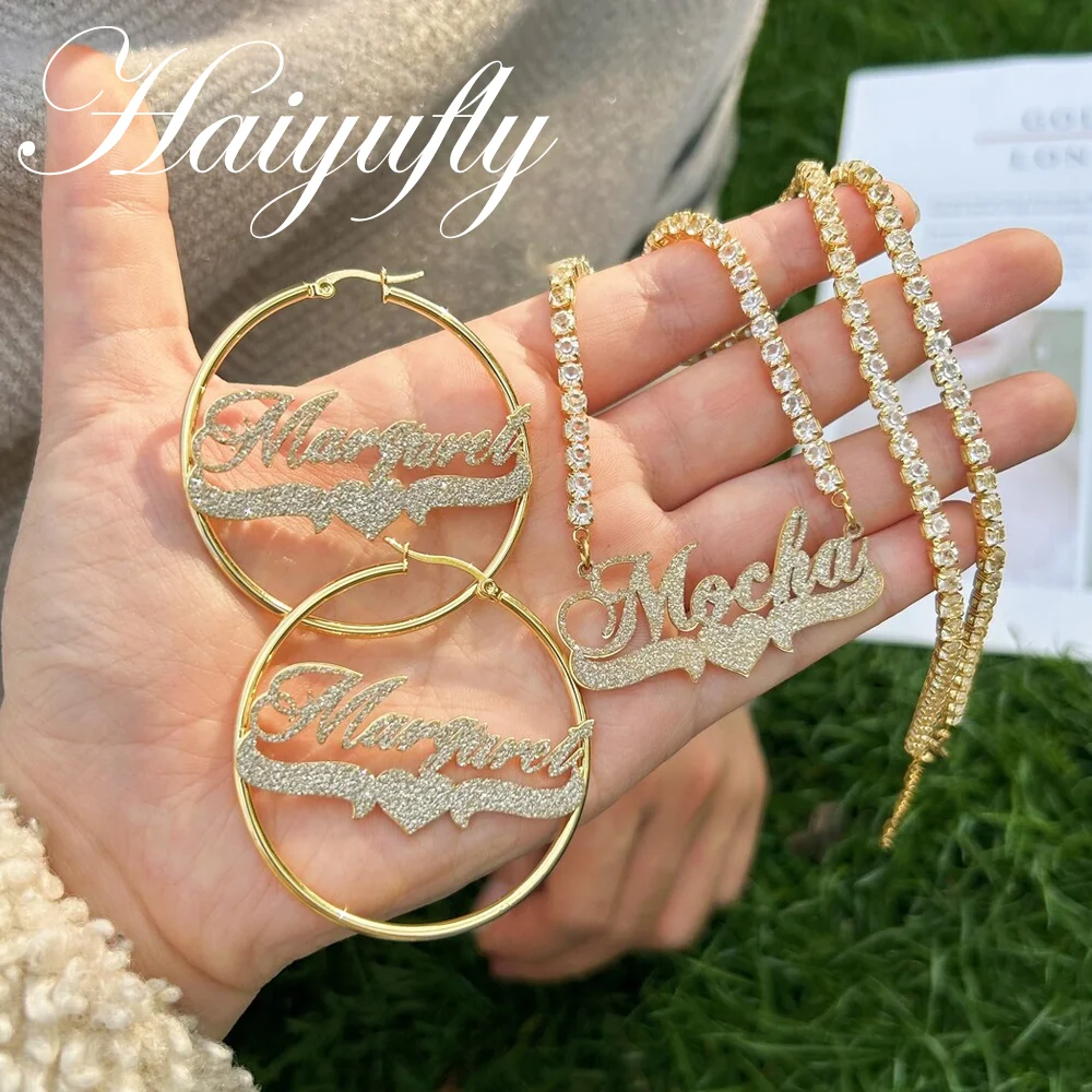 Haiyufly Custom Frosted Name Necklace Hoop Earring Stainless Steel Jewelry Set for Women Personalized Zircon Chain Birthday Gift
