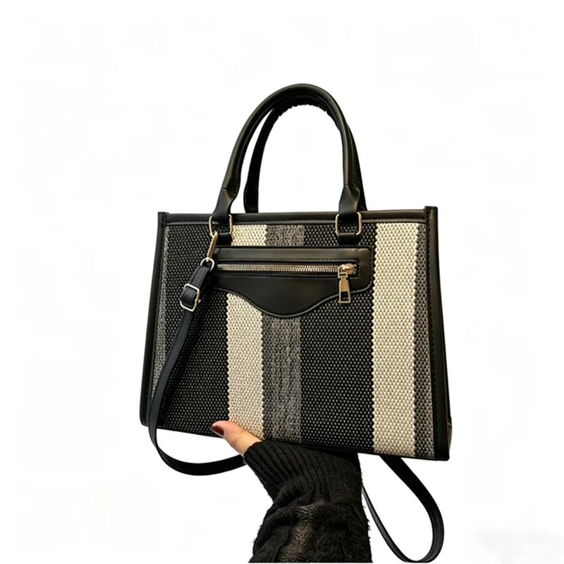 bolsa-tote-de-lona-listrada-elegante-para-trabalho-fim-de-semana-uso-diario-acabamento-em-couro-pu-premium-alca-transversal-destacavel-eleve-seu-dia-a-dia