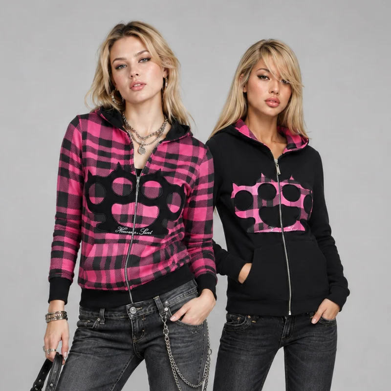 2026 Women's Gothic Y2K Checkered Cat Claw Patch Double sided Zipper Long Sleeve Emo Girls Punk Style Hoodie Winter Coat