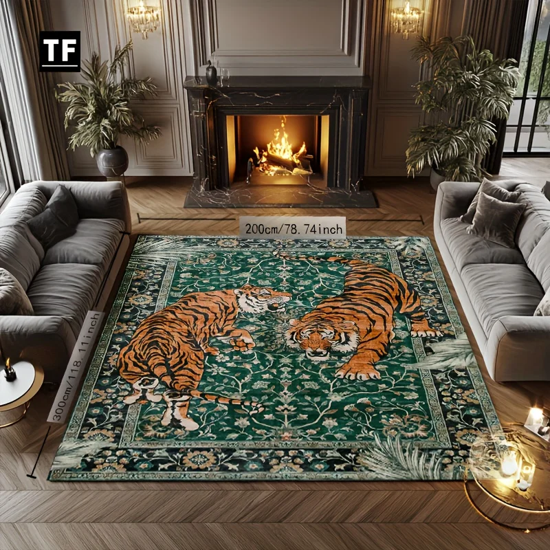 

Velvet Tiger Print Area Mat Vibrant Orange & Green Floral Design Carpet for Living Room Bedroom Balcony Bedside Rugs Home Decor